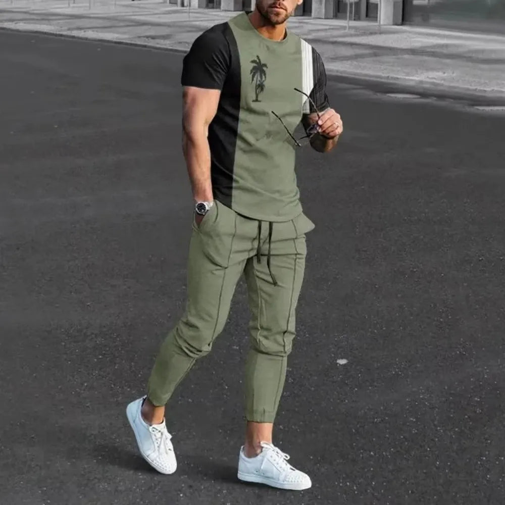 New Men's Comfortable Breathable Short Sleeve Round Neck T-shirt Pants Set 3D Printed Latest Retro Outdoor Leisure Set