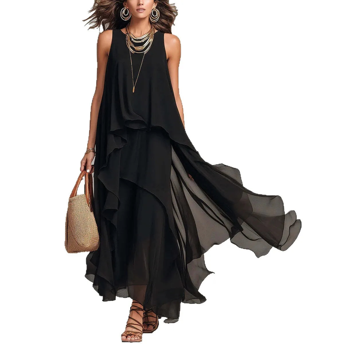 2026 new black sleeveless irregular chiffon long dress with elegant temperament for women