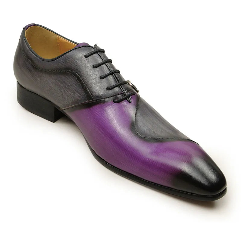 Men Leather Shoe High Quality Oxford Lace Up Side Metal Buckle Gray Purple Color Matching Handmade Business Formal Shoes