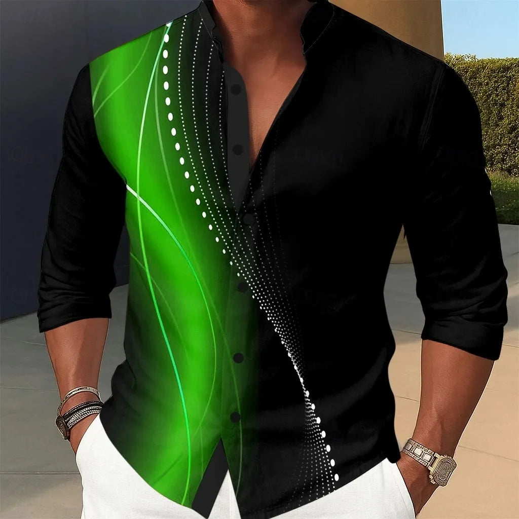 Neues Herrenhemd mit geometrischem Farbverlauf, aus Satin, modisches Freizeit-Hemd für den Urlaub, Revers, 3D-gedrucktes Hemd mit Knöpfen