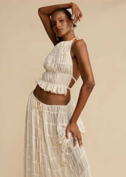 Fashion Halter Neck Long Skirt Suit Women Backless Sling Top Lace Up Fold Maxi Skirts  New Summer Female 2 Piece Set Outfits