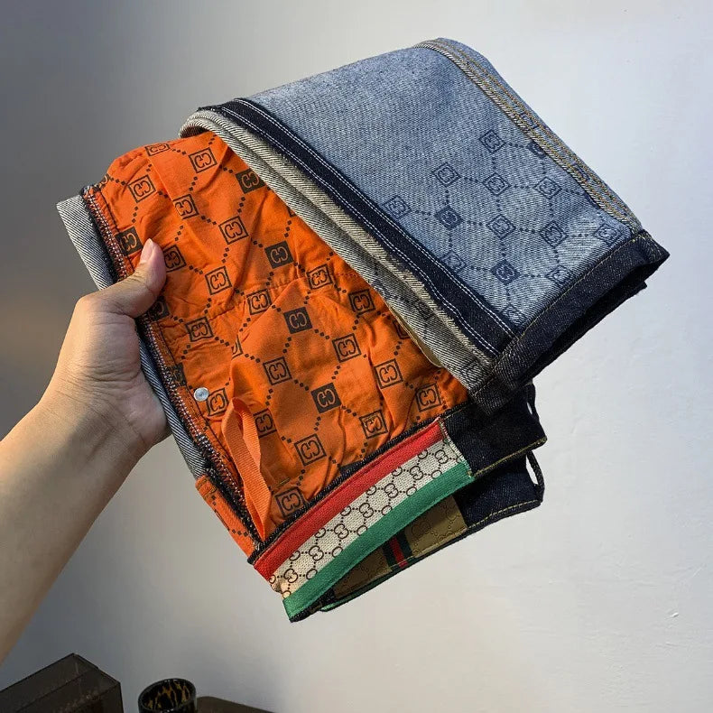 High end light luxury men jeans autumn new item dark blue fashion printed casual straight slim fit cotton washed denim pants