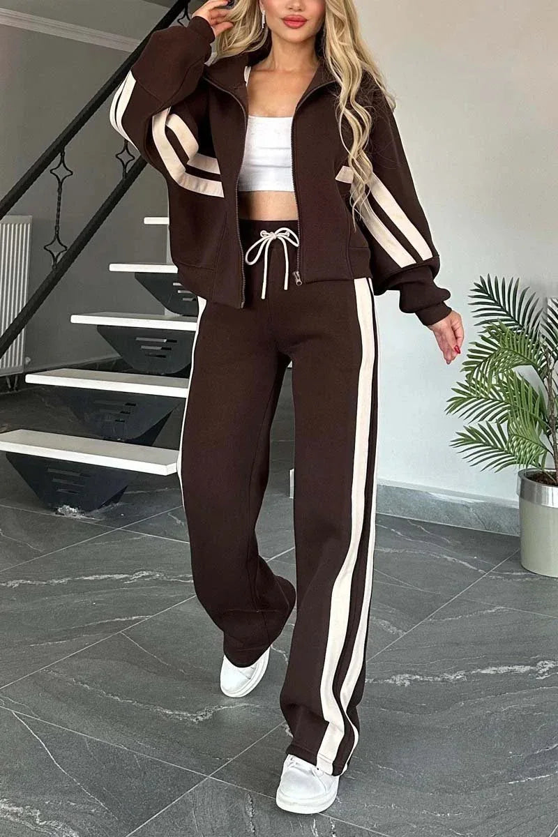 Autumn Winter Women's New Hoodie Suit Y2K Striped Zipper Loose Fit Jacket Outwear And High Waist Side-striped Pants Sports Sets