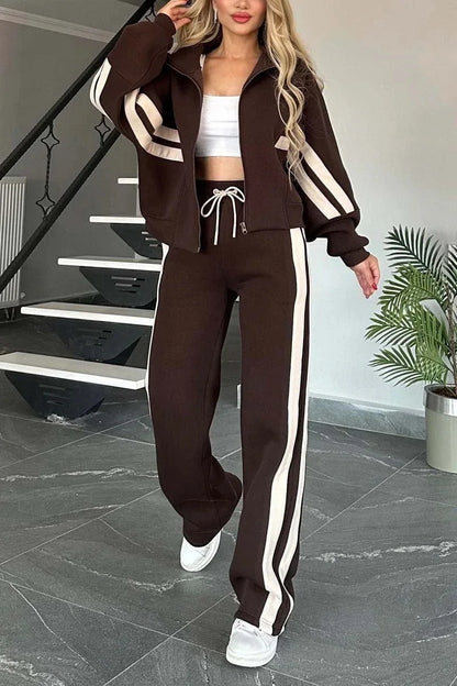 Autumn Winter Women's New Hoodie Suit Y2K Striped Zipper Loose Fit Jacket Outwear And High Waist Side-striped Pants Sports Sets
