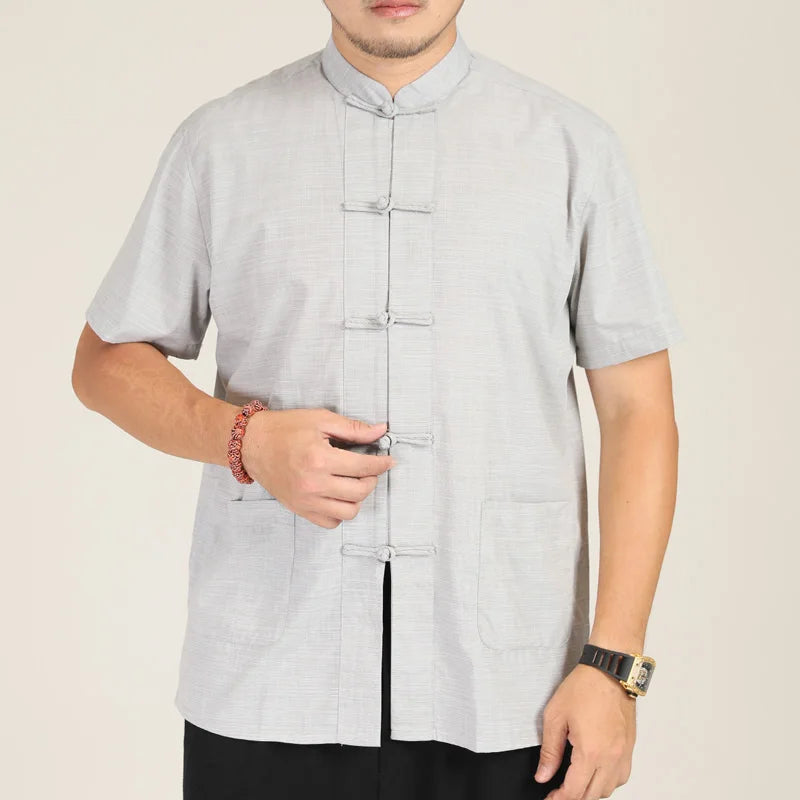 Herren Mandarin-Kragen Hemd im chinesischen Stil Kurzarm Sommer Oversize Formell Lässig Retro Schwarz Weiß Übergröße 6XL 7XL 8XL 10XL