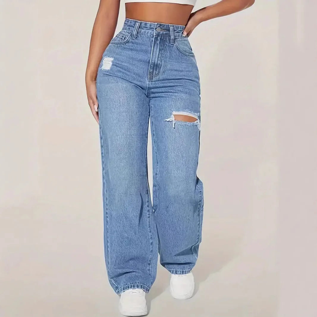 Mom Jeans Women Denim Pant Wide Leg Long Pants Hole High Waist Straight Trousers Y2k Streetwear Work Splice Casual  Punk