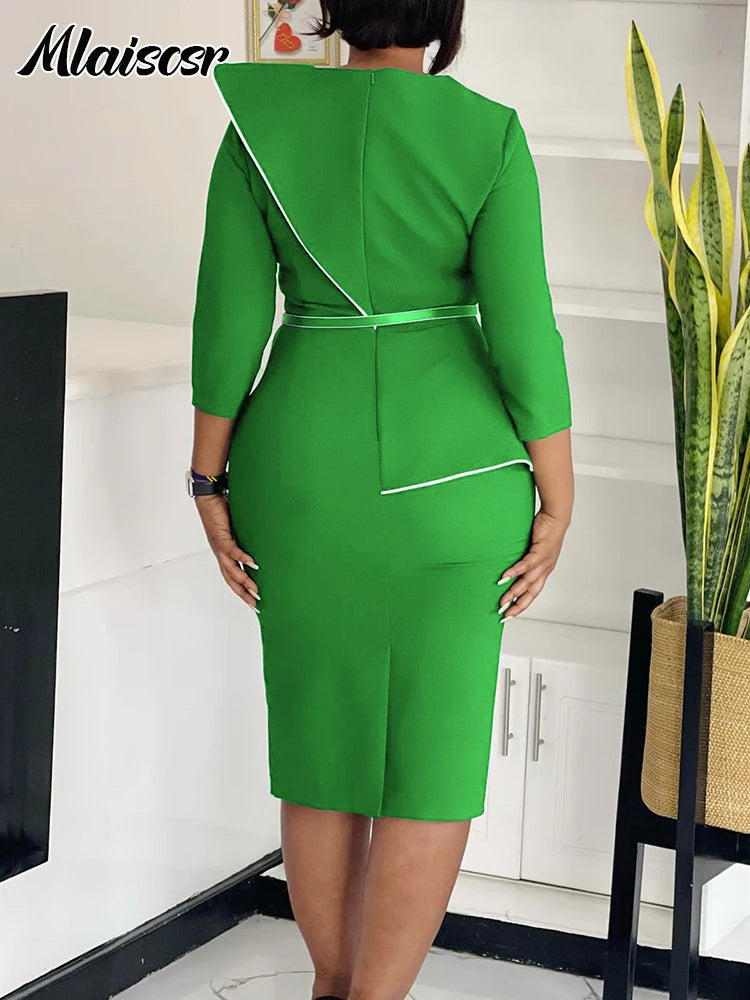 Mlaiscsr Fashion African Mid Dresses with Belt Women 3D Flowers 3/4 Sleeve O-neck Party Evening Office Lady Bodycon Vestidos