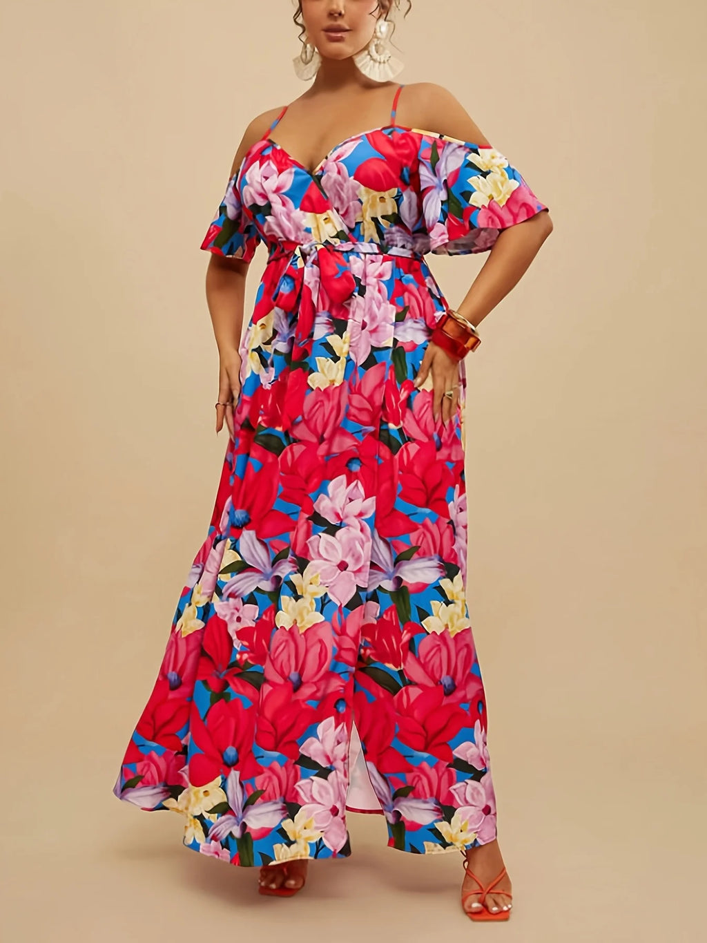 Summer New Elegant Short Sleeve Shoulder Bared Long Dress plus Size Casual Loose Waist Cinched Sexy Split Maxi Dress
