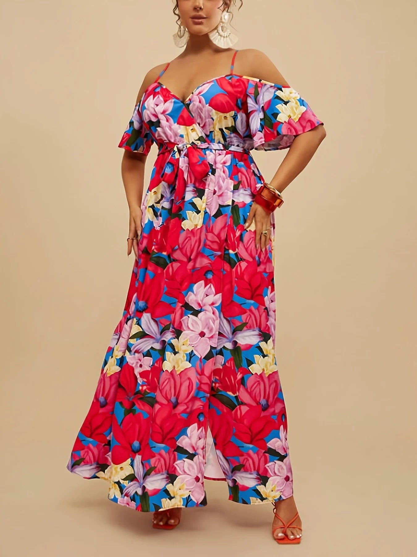 Sommer Neues elegantes schulterfreies, langärmliges Maxikleid in Übergröße, lässiges lockeres, tailliertes Kleid mit sexy Schlitz