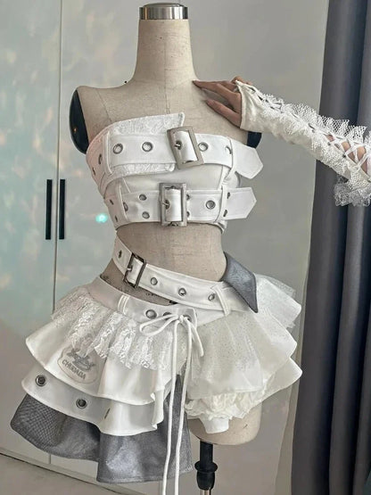 Summer Vintage Elegant Y2K Woman 2 Piece Sets Punk Gothic Strapless Crop Tops +High Waist Ruffle Skirt Female Party Outfits