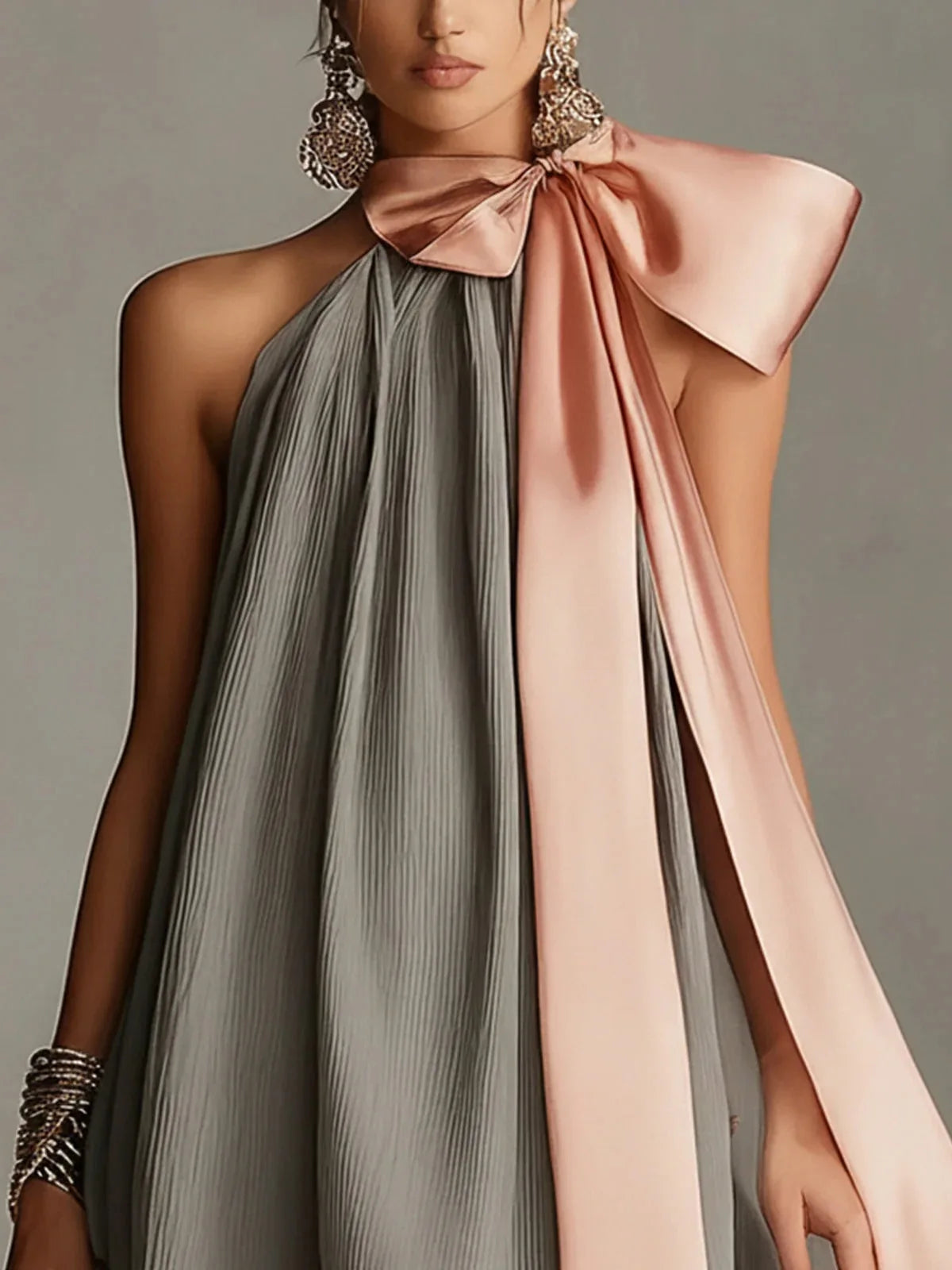 Pleated Halter Mini Dress for Women Pink Satin Big Bow Neck Tie Sleeveless Loose Flowy Elegant Cocktail Wedding Guest Dress