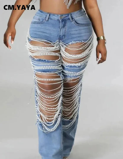 CM.YAYA Women Fashion Pearl Beading Ripped Hollow Out Tassel Wide Leg Jeans  New Summer INS Street Denim Pants Trousers