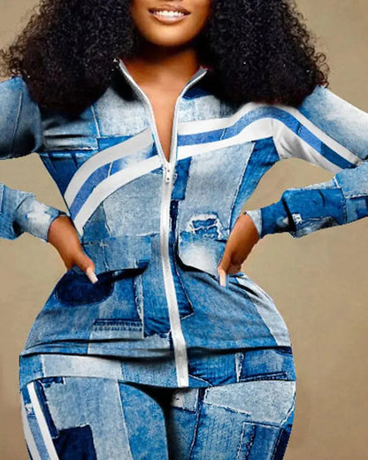 Spring Autumn Two Piece Sets Women Geometric Print Zip Up Top Coat Pants Set Outifits Fashion Tracksuit Casual Elegant Suit