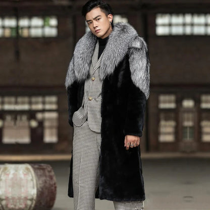 Winter men's silver fox fur collar fur coat, long thick and warm windbreaker, fashionable and elegant coat