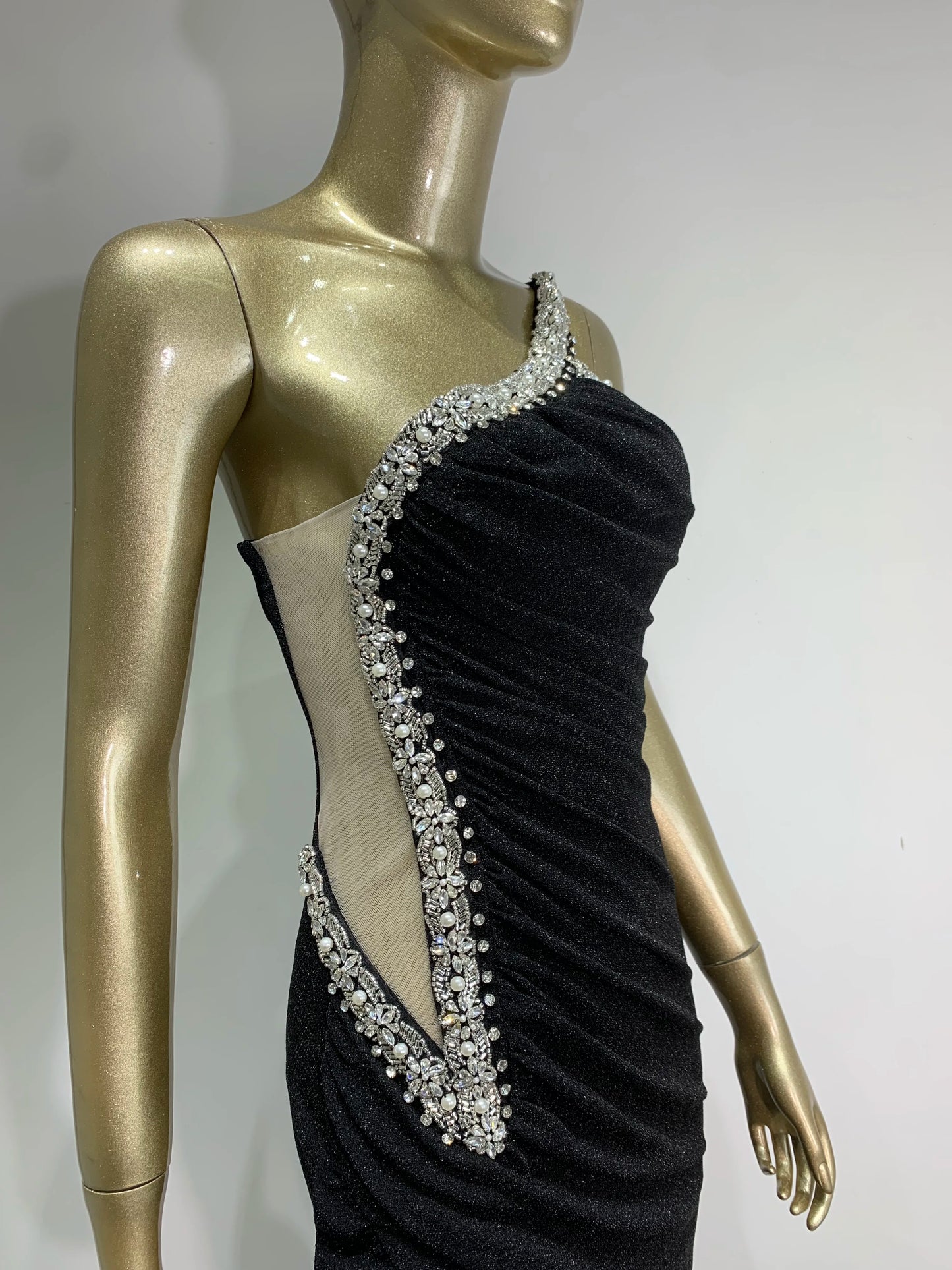 Celebrity Women Sexy One Shoulder Diamonds Black Rhinestone Maxi Long Bodycon Dress 2024 Elegant Evening Party Club Vestido