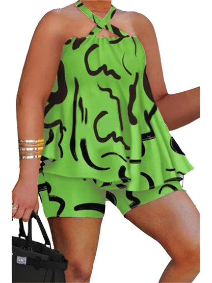 Wmstar Plus Size Two Piece Set Women Sleeveless Printed Short Sets Top Pants Sexy Suit Beach Summer Wholesale Dropshipping
