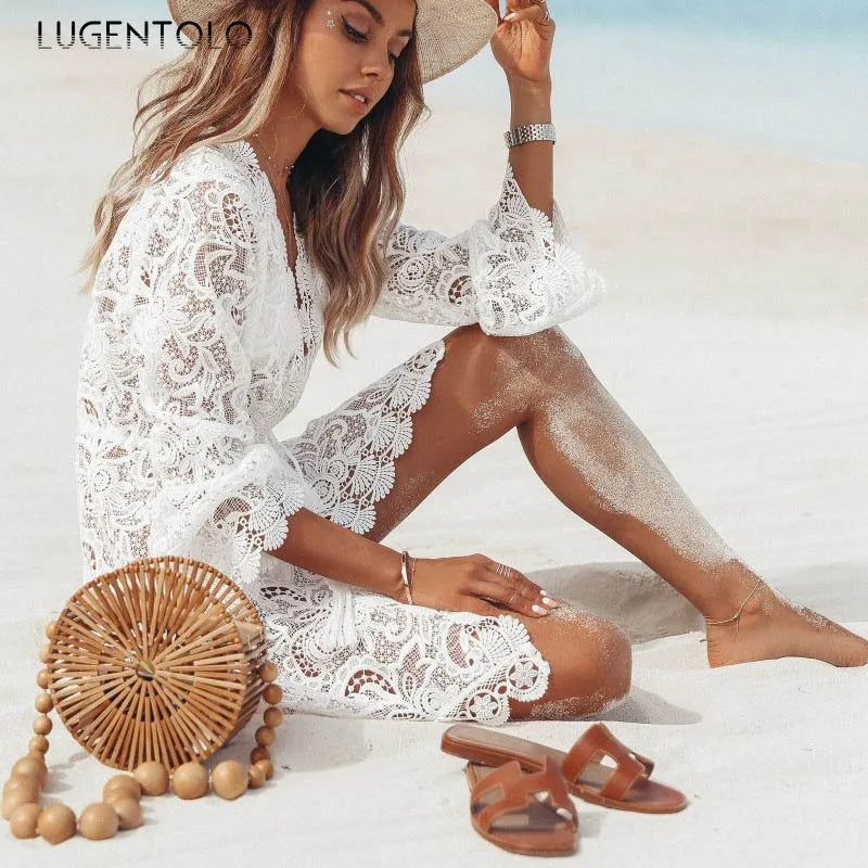 Women Sexy Lace Dress V-neck Long Sleeve Spring Summer Beach Sun Protection Lady Perspective Holiday Short Dress Lugentolo
