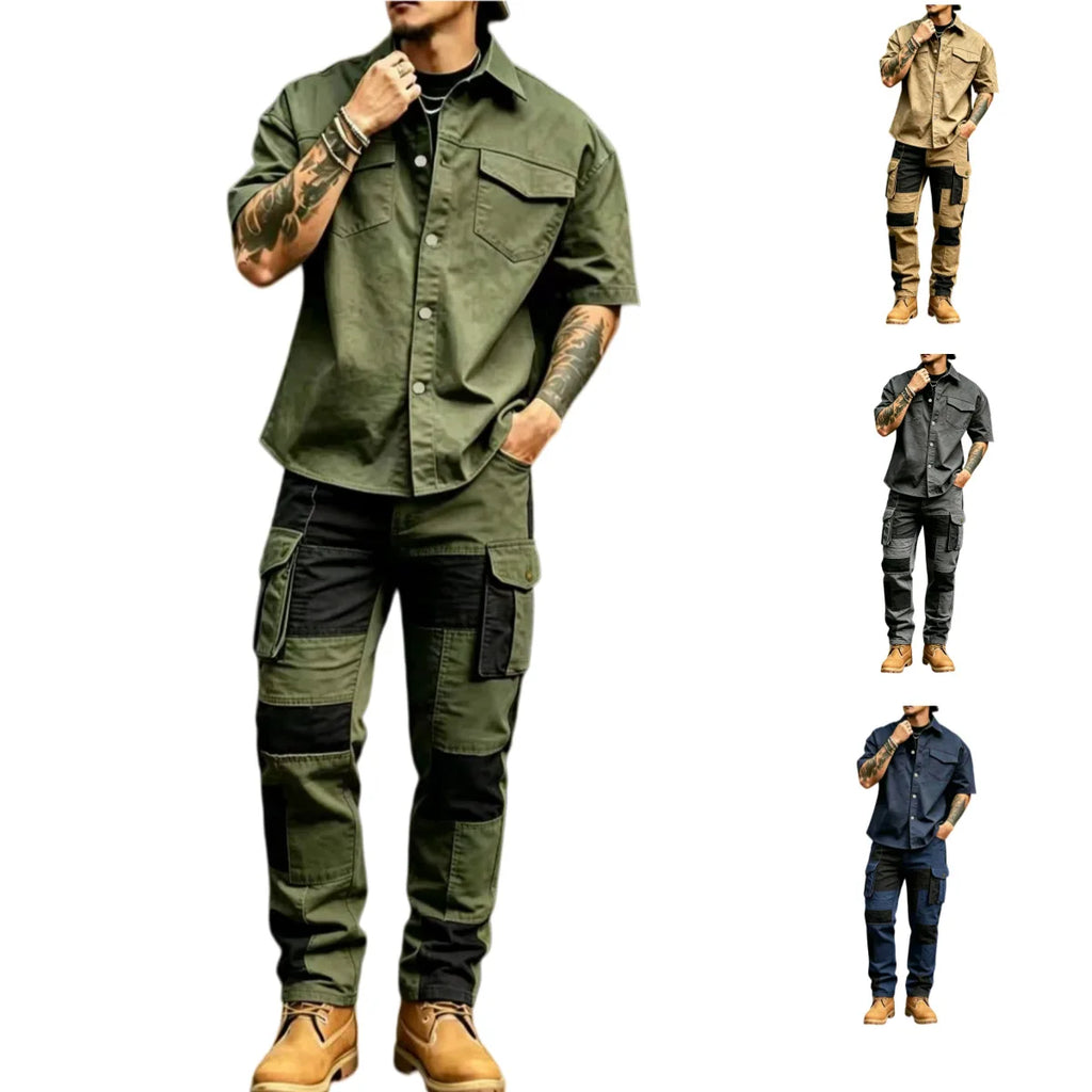 Men's Casual Workwear 100% Cotton Multi-Pocket Short-Sleeved Shirt Pants Set Male Cargo Overalls Streetwear Short Sleeve Button