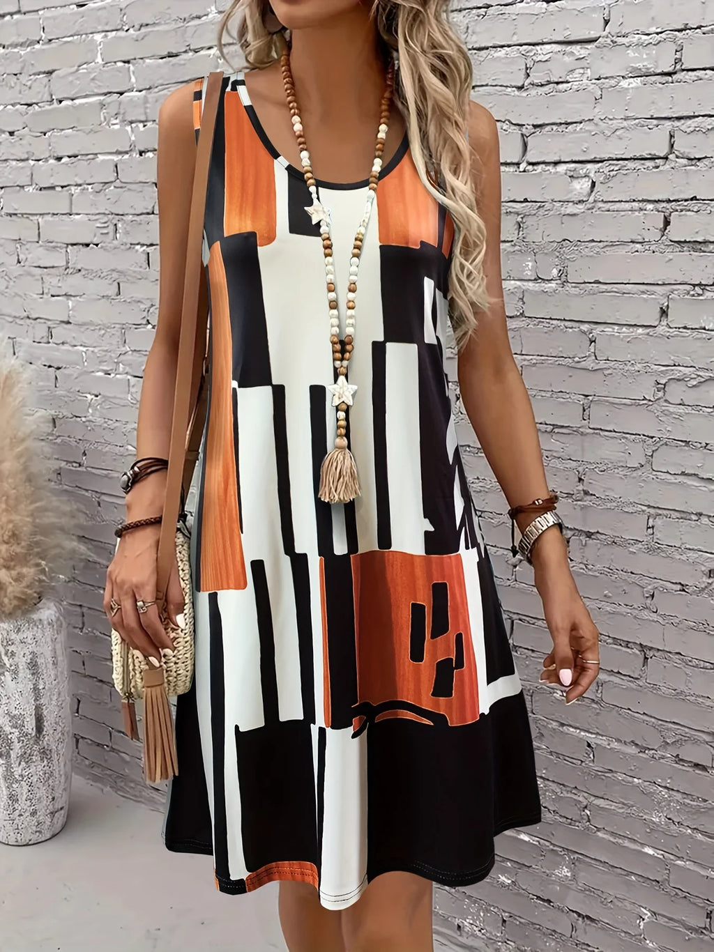 Spring&Summer Women's Geometric Pattern Sleeveless Dress For Summer Vacation,dresses for women summer?Women Bohemia Midi Dresses