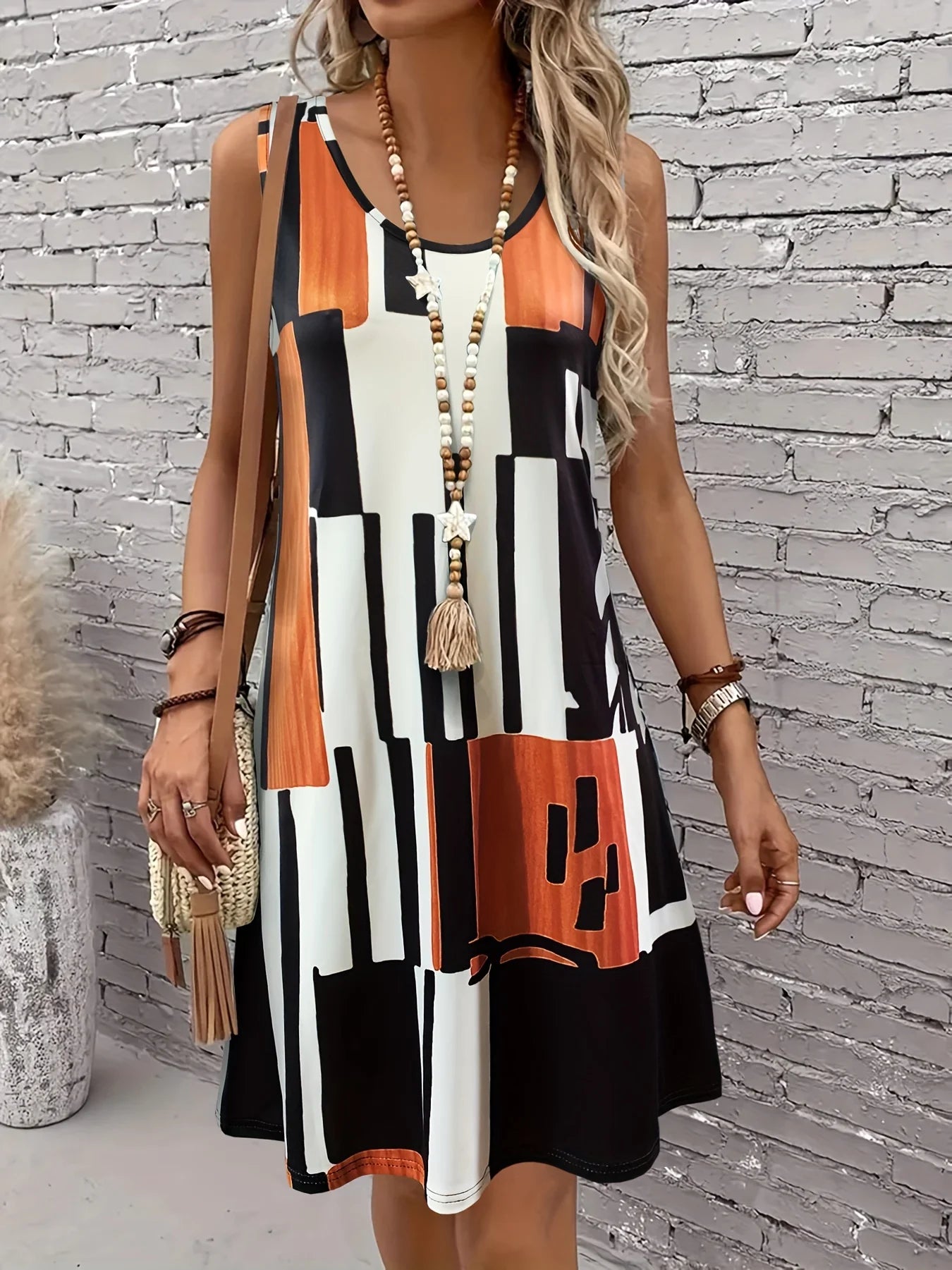 Spring&Summer Women's Geometric Pattern Sleeveless Dress For Summer Vacation,dresses for women summer?Women Bohemia Midi Dresses
