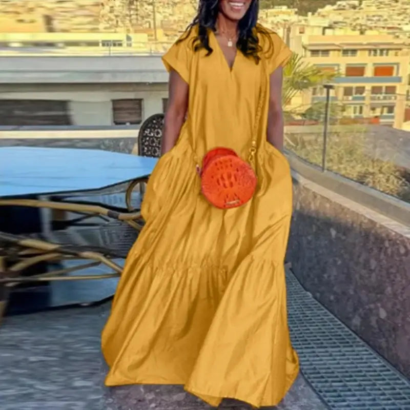 Plus Size VONDA Women Bohemian Dress 2025 Summer Sundress Solid Color Casual Short Sleeve Party Ruffled Vestidos V-Neck Robe