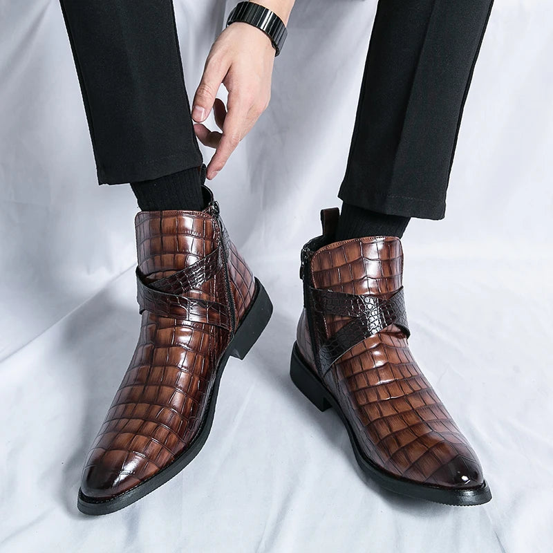 Men Ankle Boots Brown Black Business Pointed Zipper British Style Mens Retro Boots Crocodile Pattern Size 38-45 Motorcycle Boots