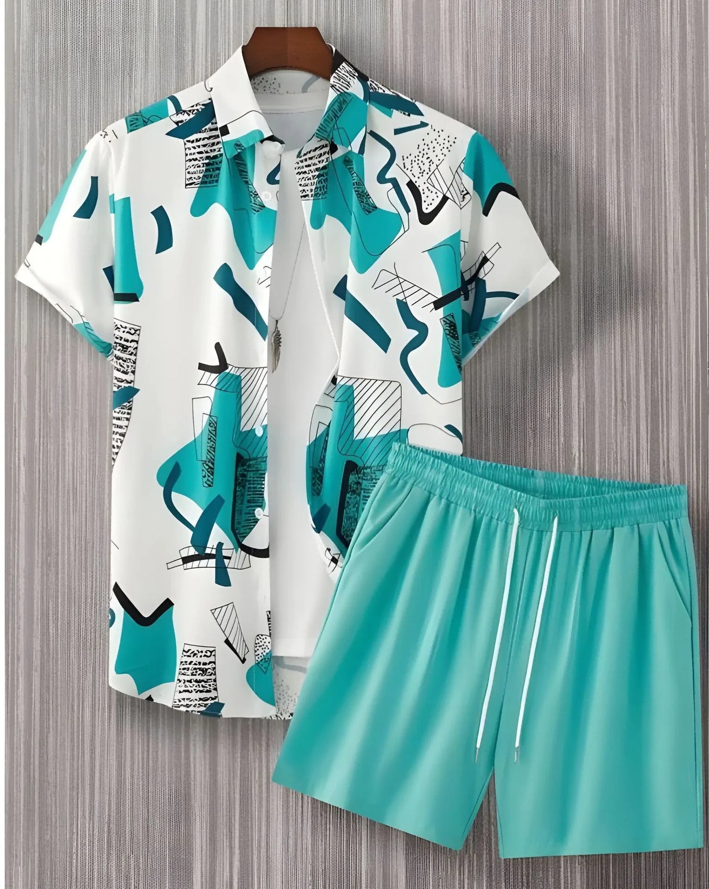 Comfortable Coconut trees leaves color blocking 3D Print shirt +Shorts Two Piece Set Short Sleeve Flip collar shirts half pants