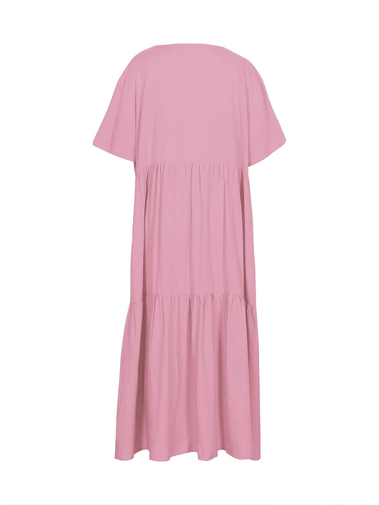 plus Size Women's Casual Loose V-Neck Solid Long Dress Spring Summer Pleated Big Size Women's Dress
