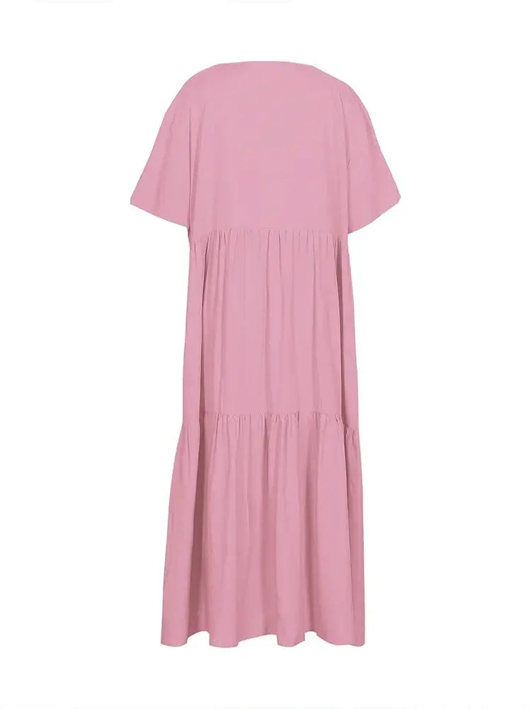 Damen Übergröße Lässiges lockeres V-Ausschnitt Einfarbiges langes Kleid Frühling Sommer Plissee Big Size Damenkleid