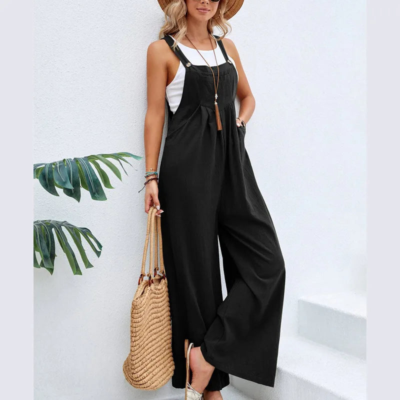 Summer Women Sleeveless Rompers Loose Jumpsuit Casual Backless Overalls Trousers Wide Leg Pants