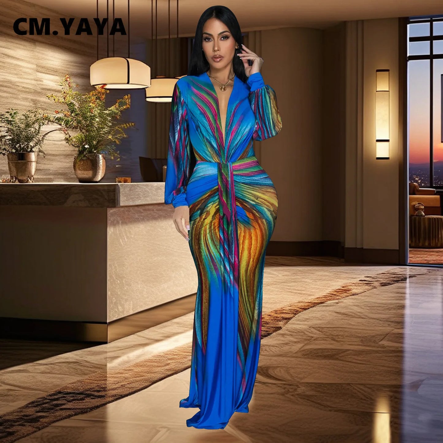 CM.YAYA Summer Holiday Full Sleeve V-Neck Long Maxi Dress Street Ruched Women Gradient Print Party Night Evening Vestido Dresses