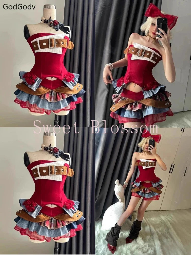 Summer Vintage Elegant Y2K Woman 2 Piece Sets Punk Gothic Strapless Crop Tops +High Waist Ruffle Skirt Female Party Outfits