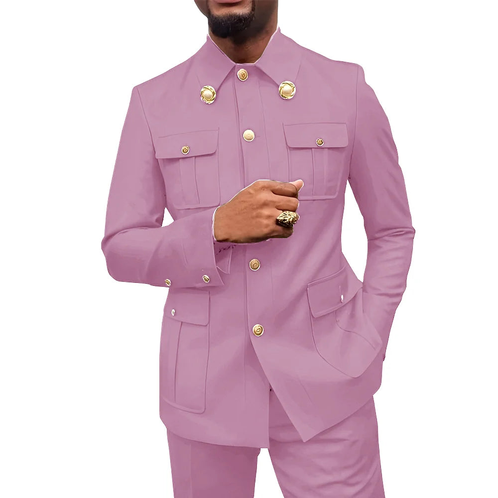 Herren Zweiteiler im afrikanischen Stil, Stehkragen Blazer Hose Bräutigam Hochzeits-Smoking Feiertag Maßanzug Kleid