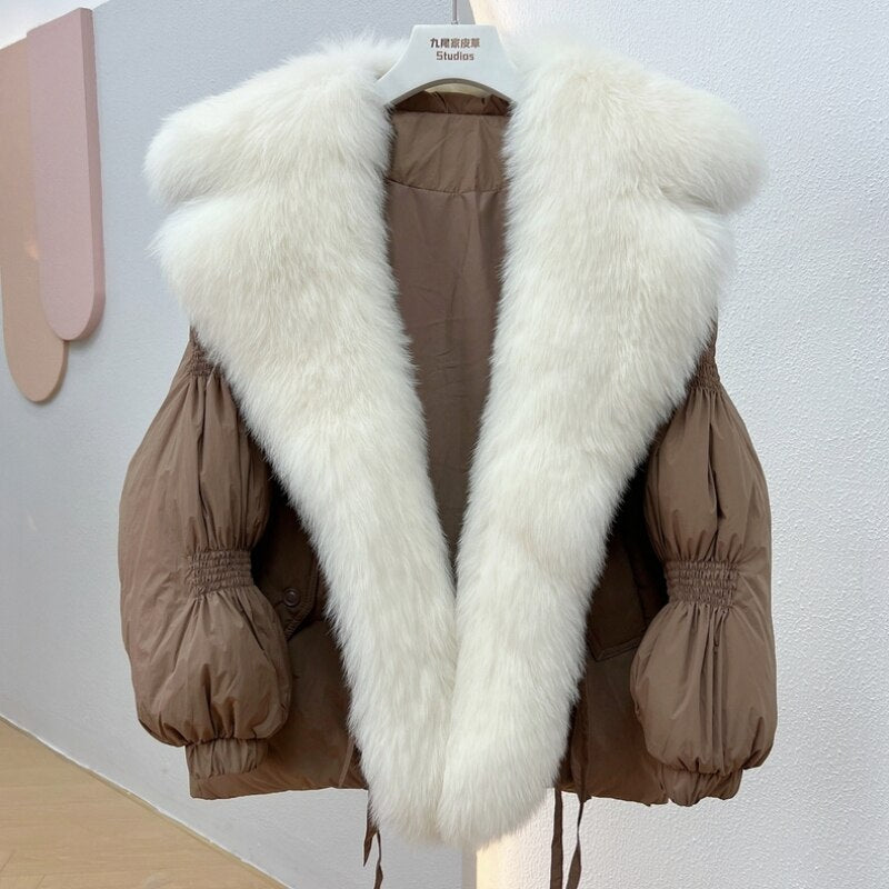 Hot Sales 2023 Women's Winter Coat Short Streetwear Loose Placket High-End Fox Fur Big Fur Collar White Duck Down Down Jacket