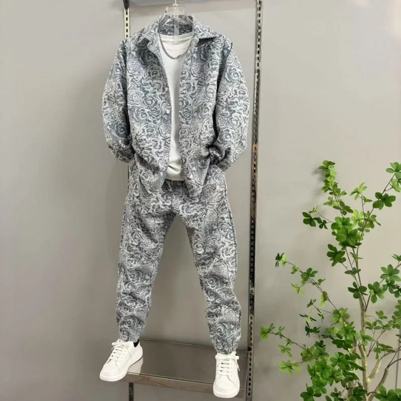 New Men's casual fashion two-piece pants set, sporty lapel jacquard shirt, long-sleeved spring and autumn set