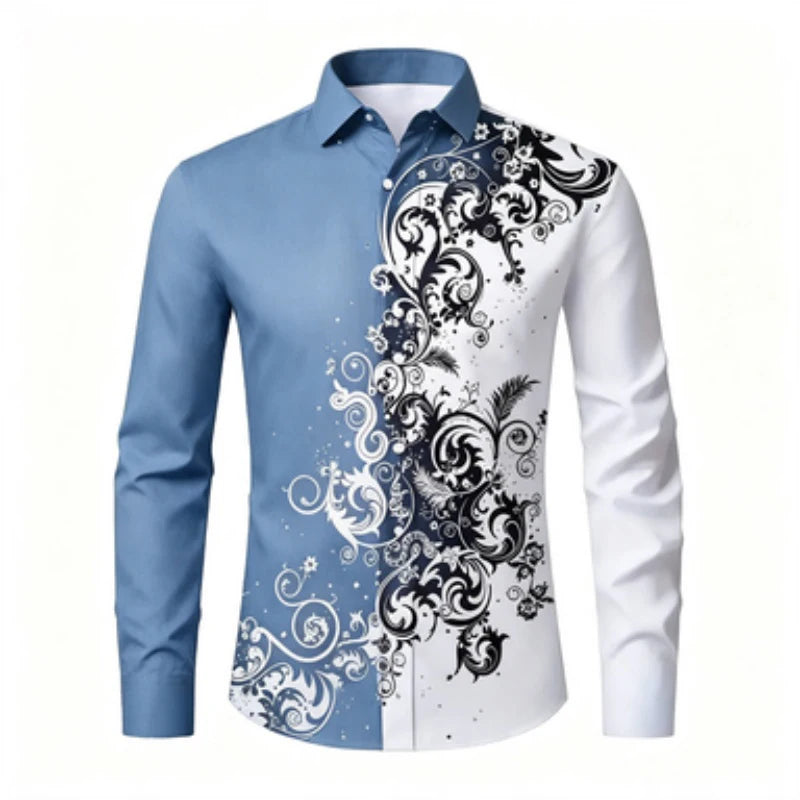 Men's long sleeved shirt, European and American men's printed long sleeved shirt, collared European patterned shirt, trendy casu