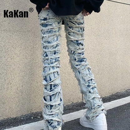 Kakan - New European and American Heavyweight Street Burnout Jeans for Men, High Street Burnout Straight Fit Long Jeans K27-3