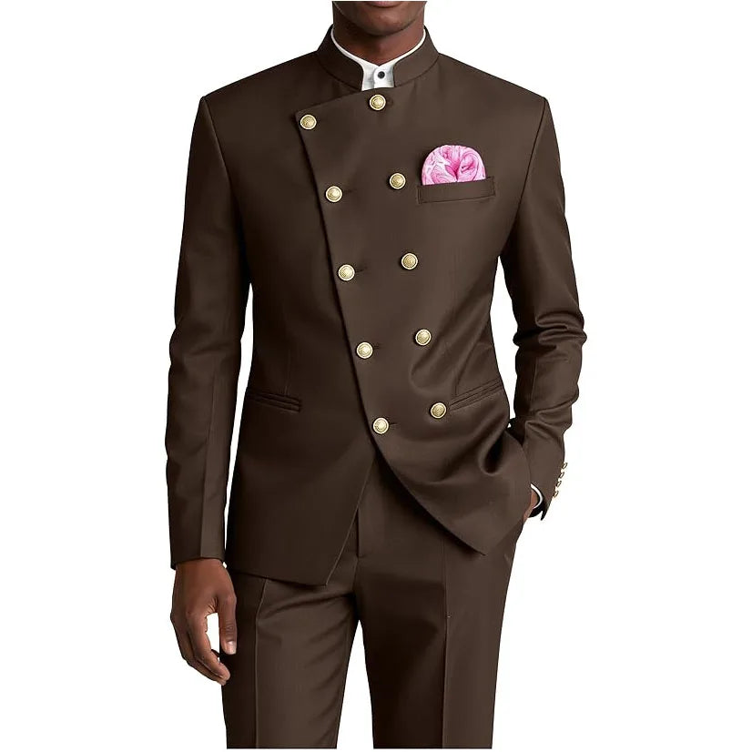 Men's Business Casual Suit 2 Piece Brown Mandarin Collar Double Breasted With Gold Buttons