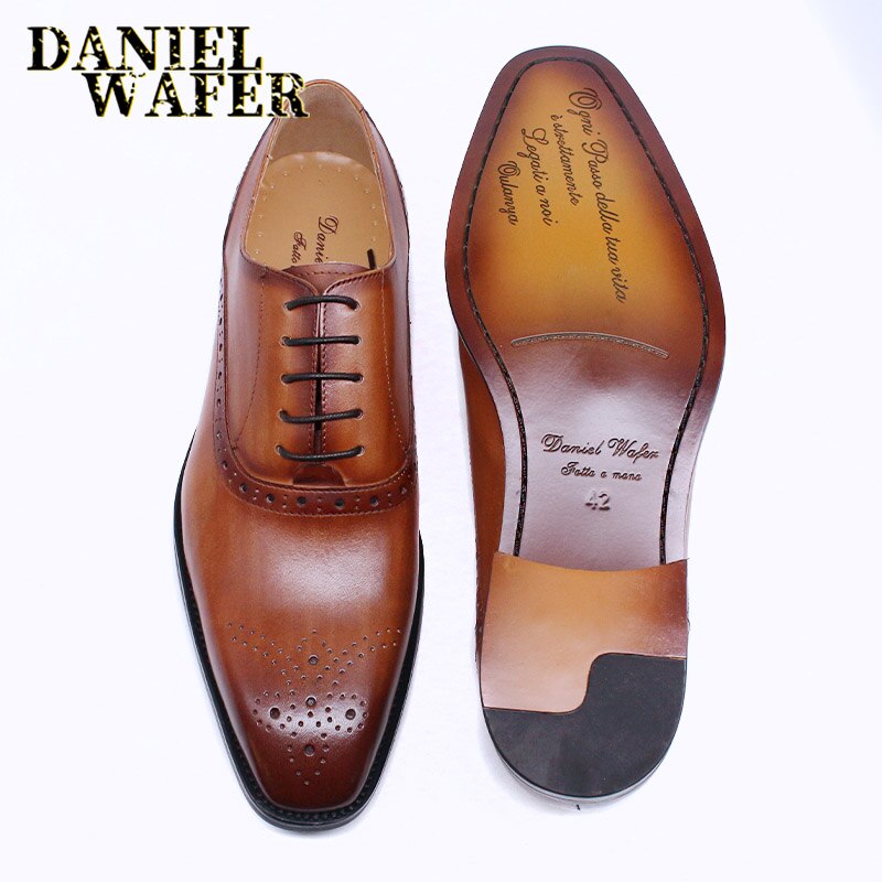 Men's Luxury Brand Shoes Fashion Brogue Formal Black Blue Lace-Up Wedding Office Dress Genuine Leather Oxford Shoes for Man