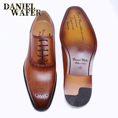 Men's Luxury Brand Shoes Fashion Brogue Formal Black Blue Lace-Up Wedding Office Dress Genuine Leather Oxford Shoes for Man