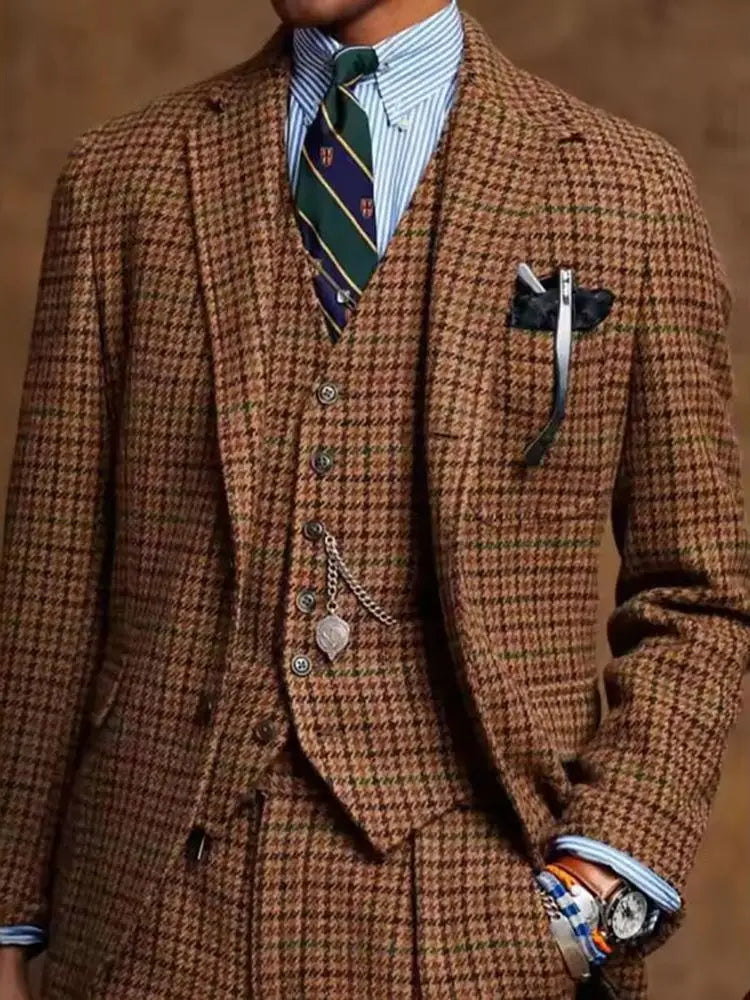 Classic Tweed Plaid Houndstooth Suit Men 3 Piece Single Breasted Business Blazer Outfit Customized Groom Banquet Wedding Tuxedos