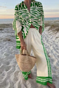 Women's Summer Fashion Printed Seaside Beach Vacation Style Two-piece Set Women's Long-sleeved Shirt Top + Wide-leg Women's Suit