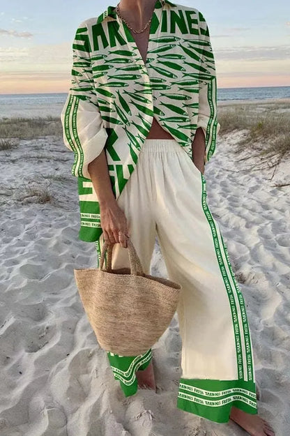 Women's Summer Fashion Printed Seaside Beach Vacation Style Two-piece Set Women's Long-sleeved Shirt Top + Wide-leg Women's Suit