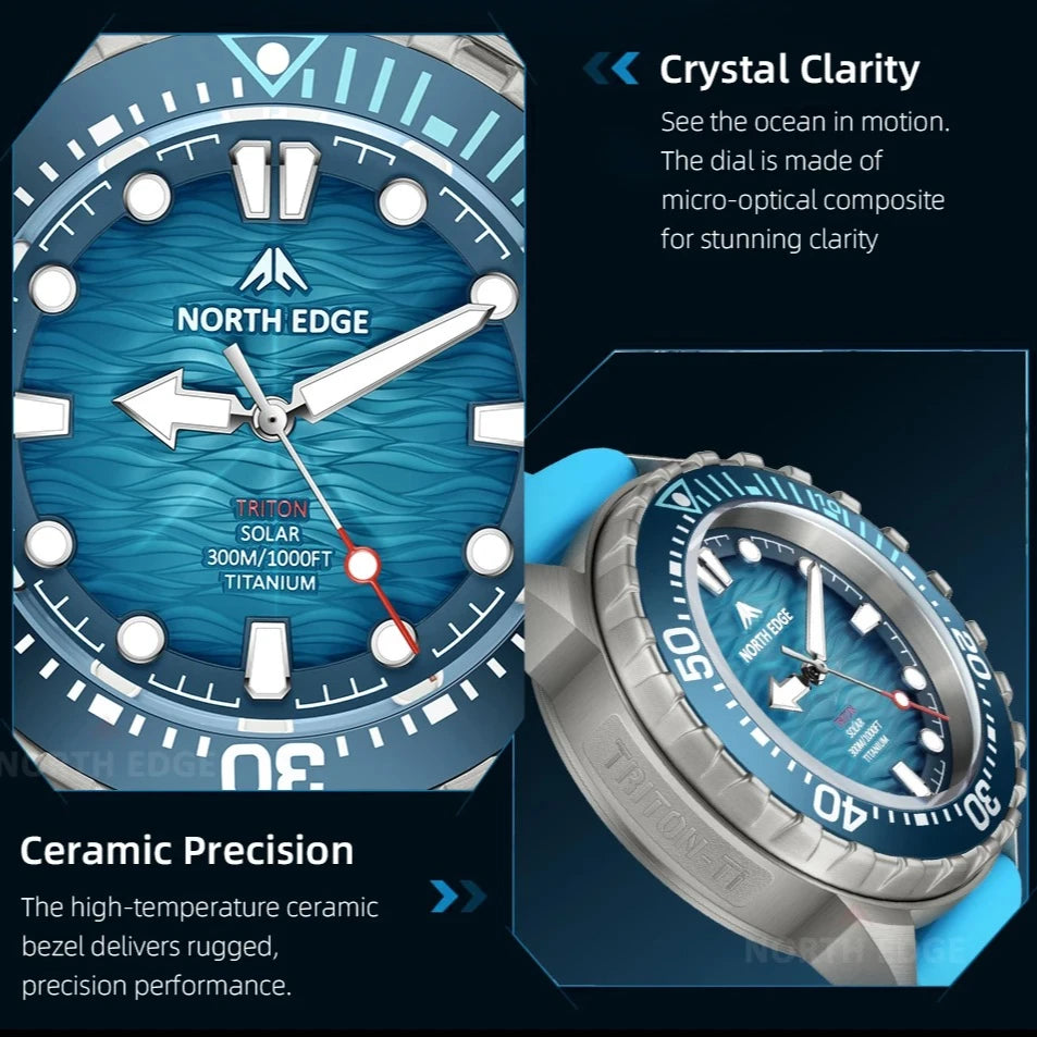 NORTH EDGE TRITON-TI Titanium Solar-Powered Diving Watch High Quality Quartz Watches for Man NEW 300M Waterproof Men Watch Reloj