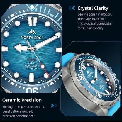 NORTH EDGE TRITON-TI Titanium Solar-Powered Diving Watch High Quality Quartz Watches for Man NEW 300M Waterproof Men Watch Reloj