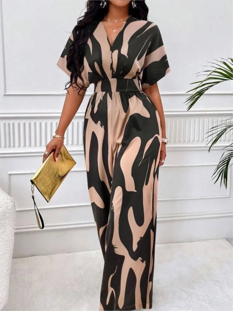 Women Wide Leg Jumpsuit Spring Summer Fashion V Neck Short Sleeve High Waist Full Body Printed Jumpsuits Casual One Pieces