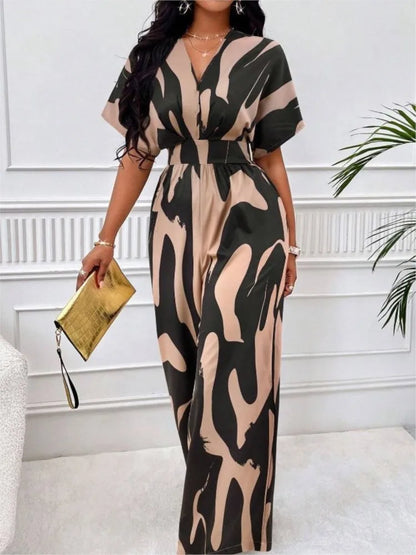 Women Wide Leg Jumpsuit Spring Summer Fashion V Neck Short Sleeve High Waist Full Body Printed Jumpsuits Casual One Pieces