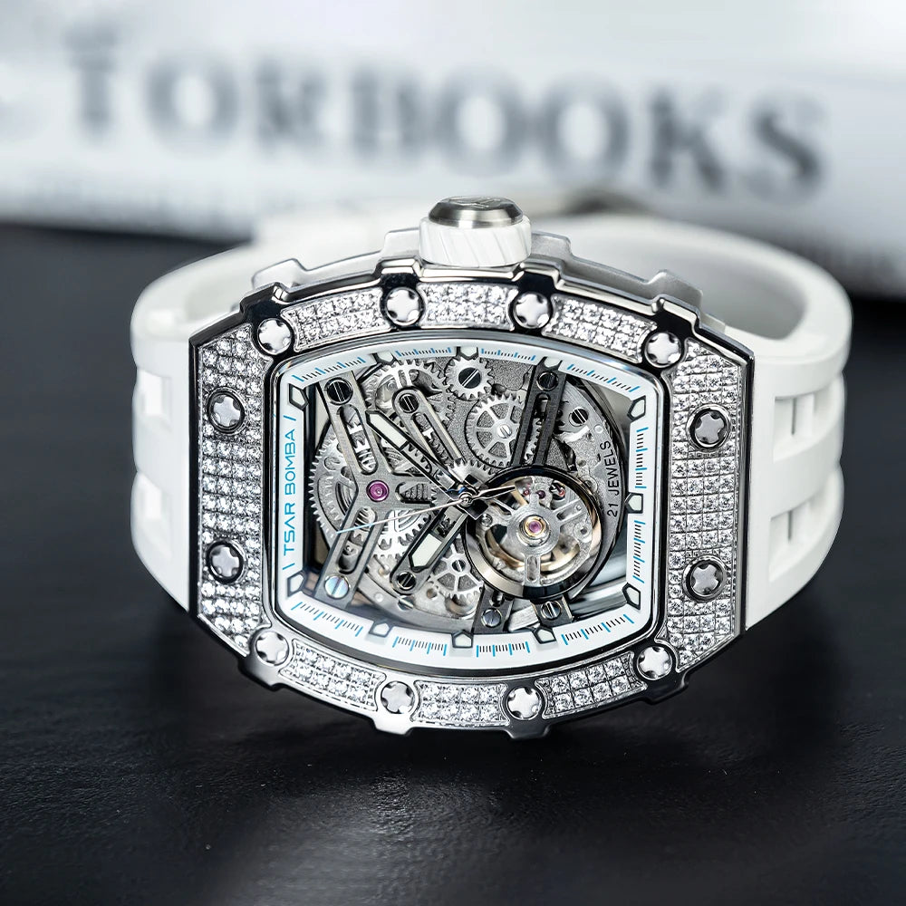 TSAR BOMBA Diamond Automatic Mens Watch Luxury Mechanical Watch for Men Sapphire White Wristwatch Waterproof Skeleton Clock