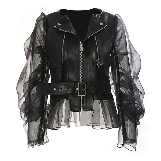Modische und herrschsüchtige Damen Patchwork Mesh Lederjacke Motorrad Rock Reißverschlussjacke Premium Damenoberteile