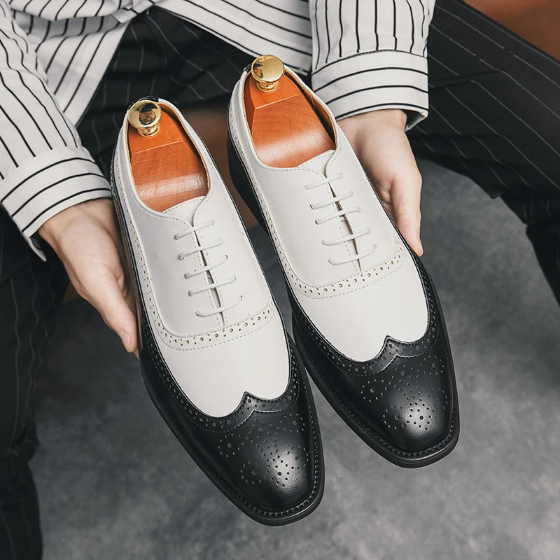 Herren Brogue-Schuhe mit Flügelkappe, Business-Oxford-Schuhe zweifarbig für Hochzeitsfeiern